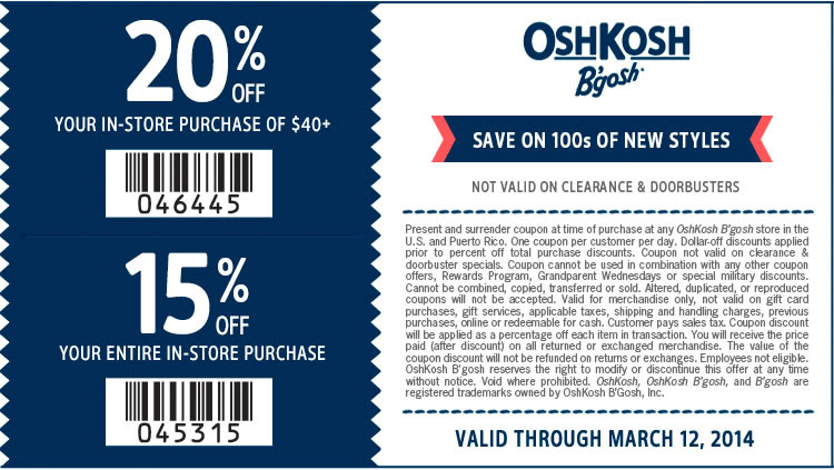 Coupon for: OshKosh B'gosh stores & Spring Clearance