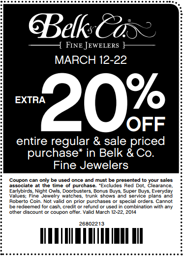 Coupon for: Belk, Fine Jewelers 20% off