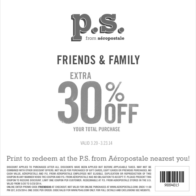 Coupon for: p.s. from aéropostale, extra 30% off your purchase