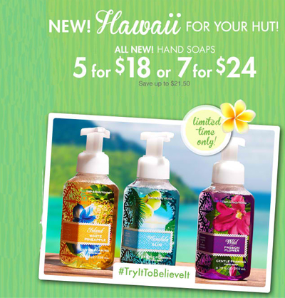 Coupon for: Bath & Body Works, 5 for $18 or 7 for $24