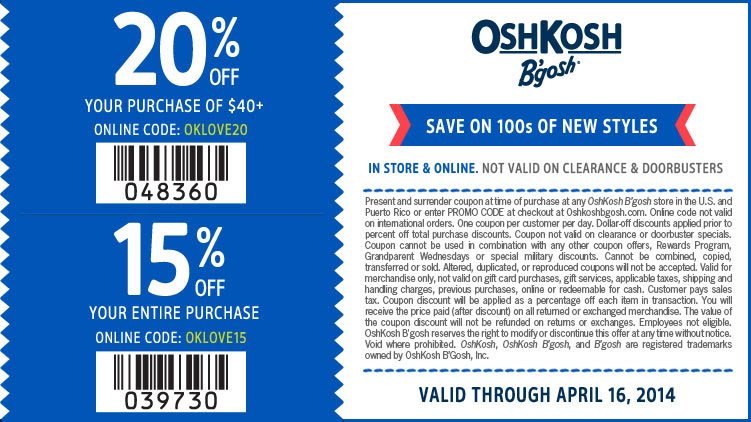 Coupon for: OshKosh B'gosh, new arrivals now for $6 & up + up to 20% off purchase