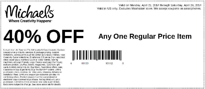 Coupon for: Michaels, one item with 40% discount