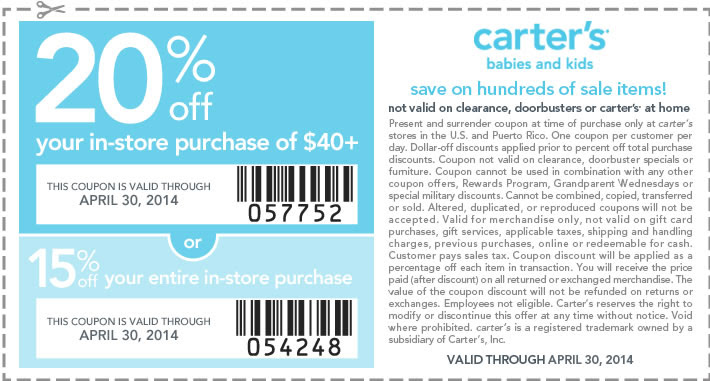 Coupon for: Carter's, up to 20% entire purchase