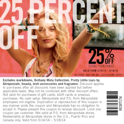 Coupon for: Aeropostale, 25% off your total purchase