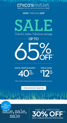 Coupon for: Chico's Outlet, up to 65% off, an extra 30% off selected styles