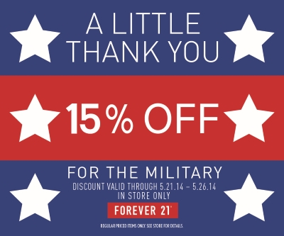 Coupon for: Forever 21, Military discount