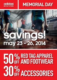 Coupon for: adidas outlet stores, up to 50% off, Memorial Day Savings