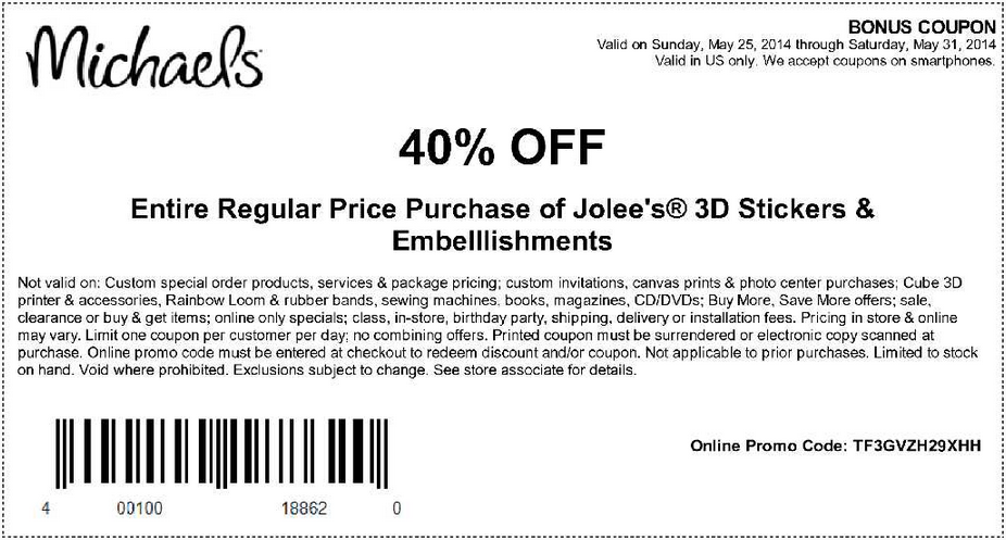 Coupon for: Michaels, 40% discount on Jolee's 3D stickers and embelllishments
