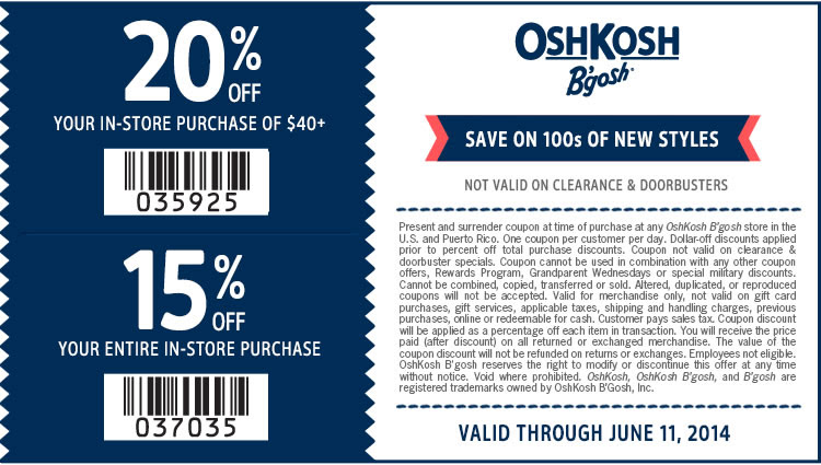 Coupon for: OshKosh B'gosh, extra 20% off Clearance + ...