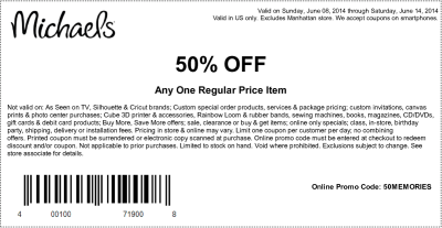 Coupon for: Michaels, one item 50% off