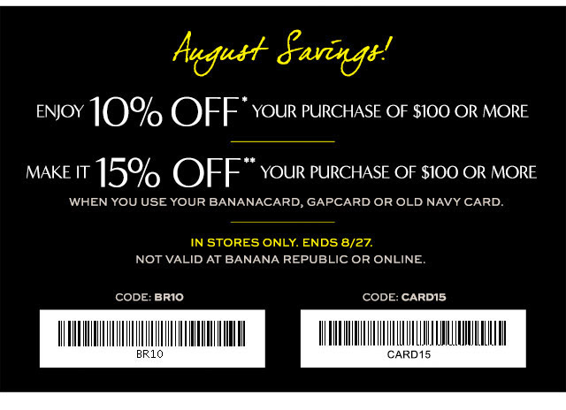 Coupon for: Banana Republic Factory Stores, August Saving