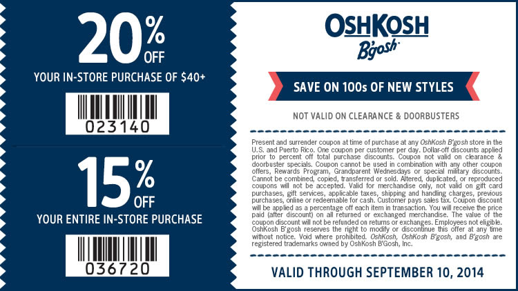 Coupon for: OshKosh B'gosh, Fall Clearance