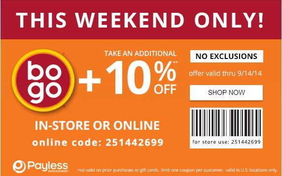 Coupon for: Payless ShoeSource, extra 10% off