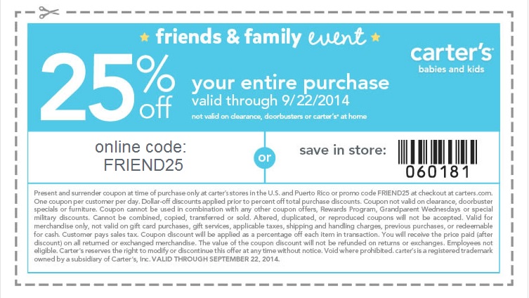 Coupon for: carter's, Friends & Family Event