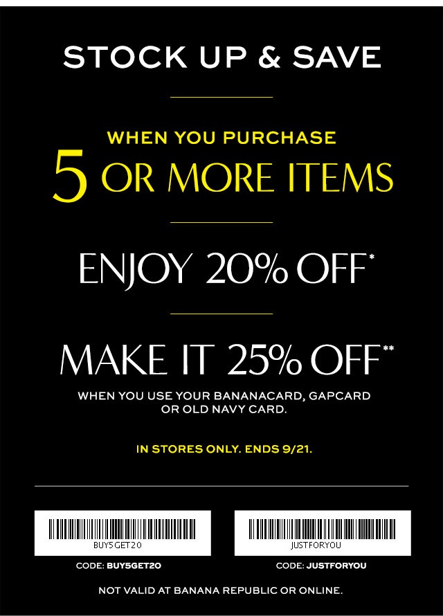 Coupon for: Banana Republic Factory Store, Stock up & Save