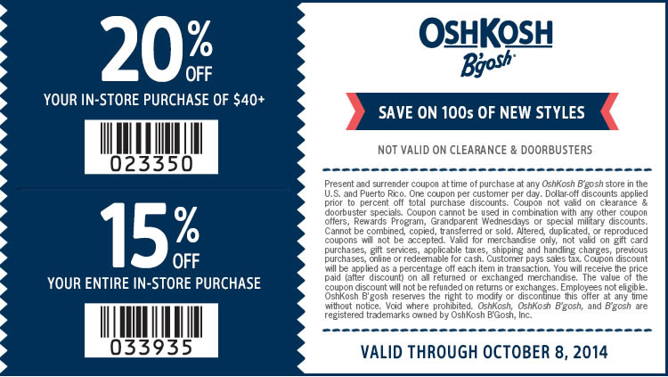 Coupon for: OshKosh B'gosh, up to 20% off your ...