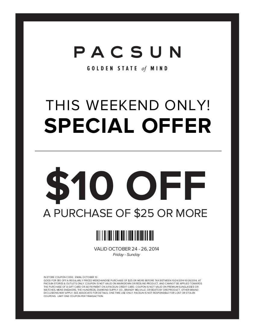Coupon for: PacSun, Get $10 off ...