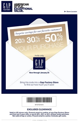 Coupon for: U.S. Gap Factory Stores, Surprise savings for favorite customers