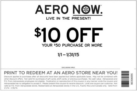 Coupon for: Aéropostale, $10 off your purchase