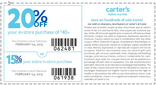 Coupon for: carter's, 40% off everything + extra savings