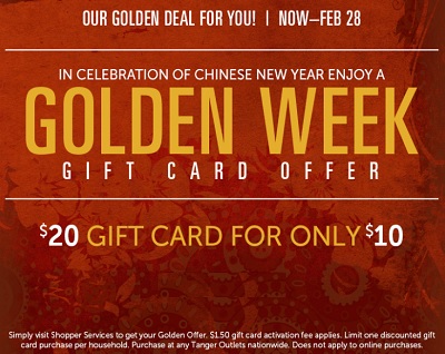 Coupon for: Tanger Outlets, Golden Week gift card offer