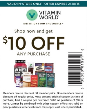 Coupon for: Vitamin World, Shop and get $10 off