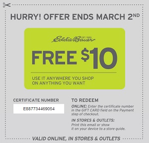 Coupon for: Eddie Bauer, Free $10