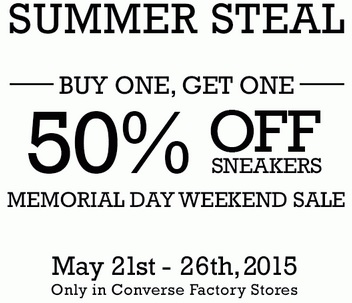 Coupon for: Converse Factory Stores, Memorial Weekend Sale 2015