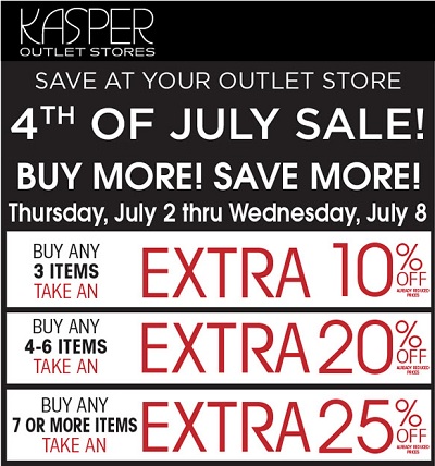 Coupon for: 4th of July Sale starts today at Kasper Outlet Stores