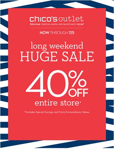 Coupon for: Chico's Outlets, Long weekend huge sale ...