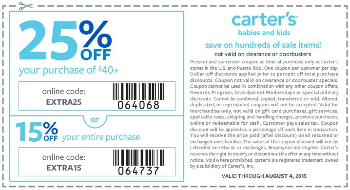 Coupon for: carter's, Up to 25% off