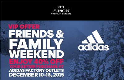 Coupon for: Friends & Family Weekend Sale at adidas outlets at Premium Outlets