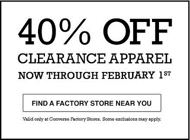 Coupon for: Clearance sale at Converse Factory Locations