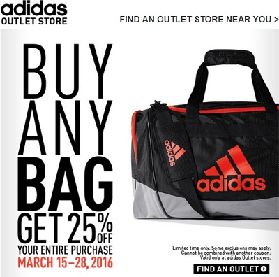 Coupon for: Buy bag, get discount at adidas outlet locations