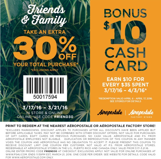 Coupon for: Friends & Family at Aéropostale locations