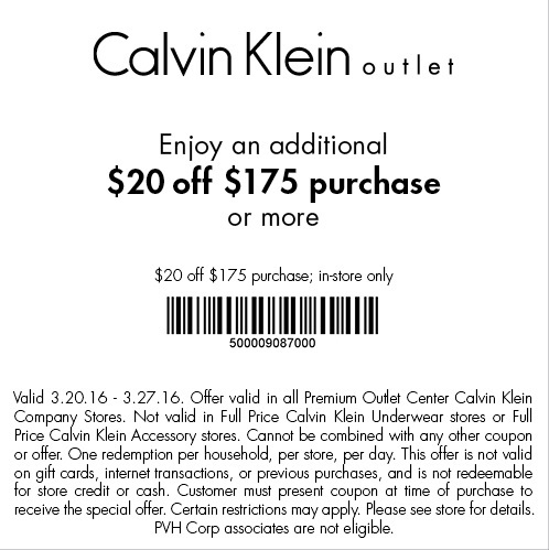 Coupon for: Shop with coupon at Calvin Klein outlet stores at Premium Outlets