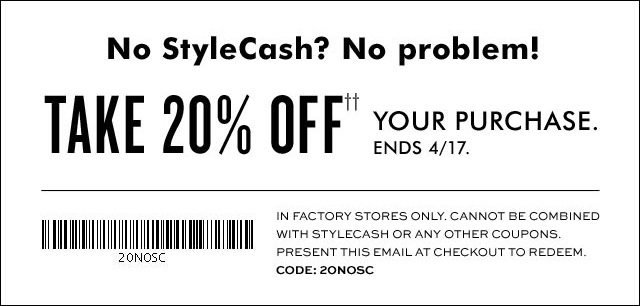 Coupon for: Redeem printable coupon or StyleCash at Banana Republic Factory Stores