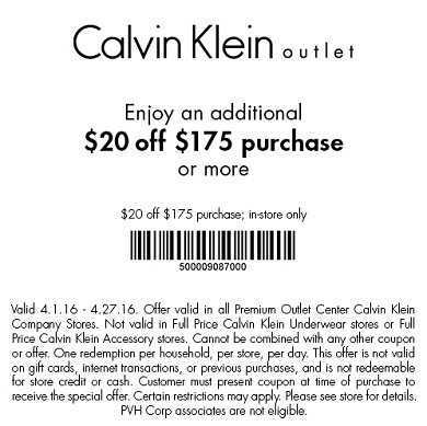 Coupon for: Save right now with printable coupon at Calvin Klein at Premium Outlets