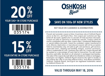 Coupon for: Save on 100s of new styles at OshKosh B'gosh locations