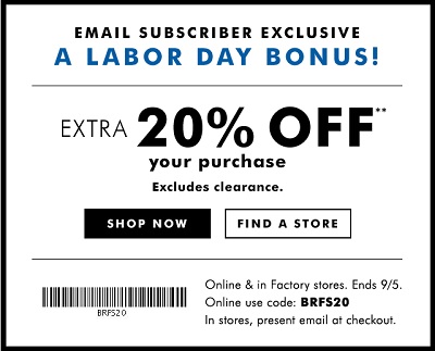 Coupon for: Labor Day Sale at Banana Republic Factory