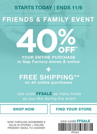 Coupon for: Enjoy shopping during Friends & Family Event at Gap Factory