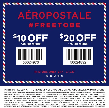 Coupon for: U.S. Aéropostale Factory Stores: Up to $20 off your purchase