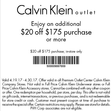 Coupon for:  Amazing savings at Calvin Klein Outlets - Premium Outlets