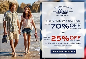 Coupon for: Memorial Day Savings at G.H. Bass & Co. Factory Outlets