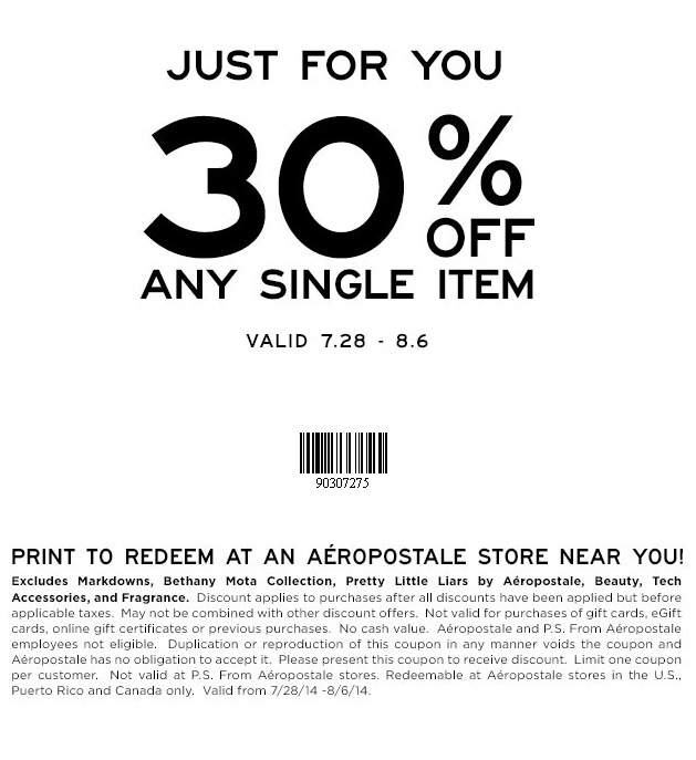 Coupon for: Aéropostale, one item with 30% discount