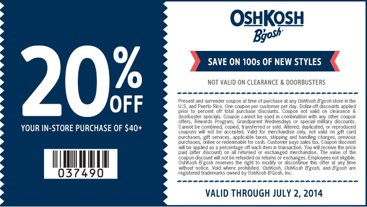 Coupon for: OshKosh B'gosh, 20% off your purchase