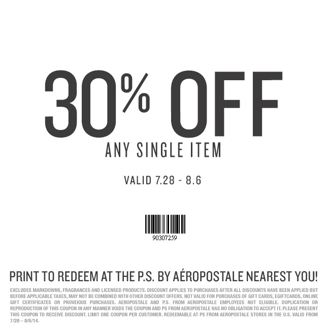 Coupon for: P.S. from Aéropostale, 30% off any item