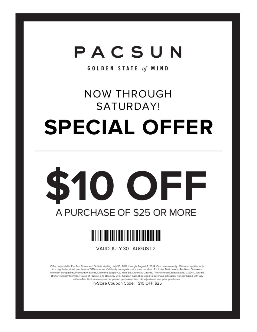 Coupon for: PacSun, $10 off your purchase ...