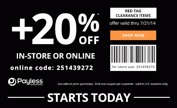 Coupon for: Payless ShoeSource, extra 20% off + Clearance