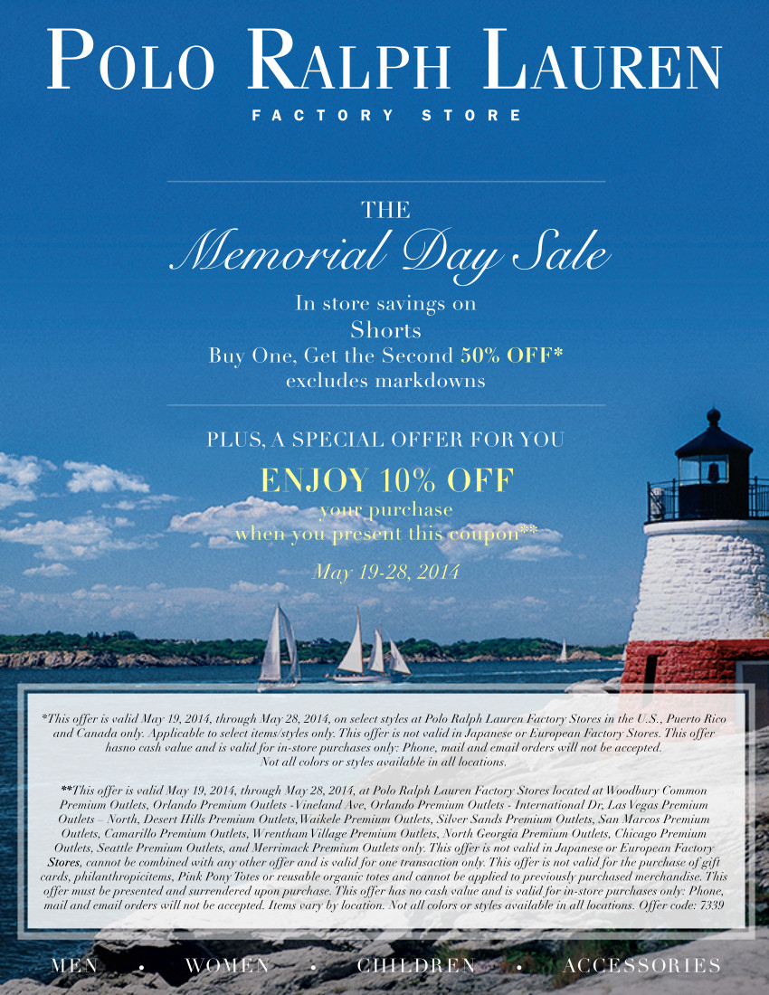 Coupon for: Polo Ralph Lauren, Memorial Day SALE